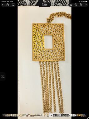 Vintage Gold Tone Filigree Rectangle Pendant Necklace with Chain Fringe